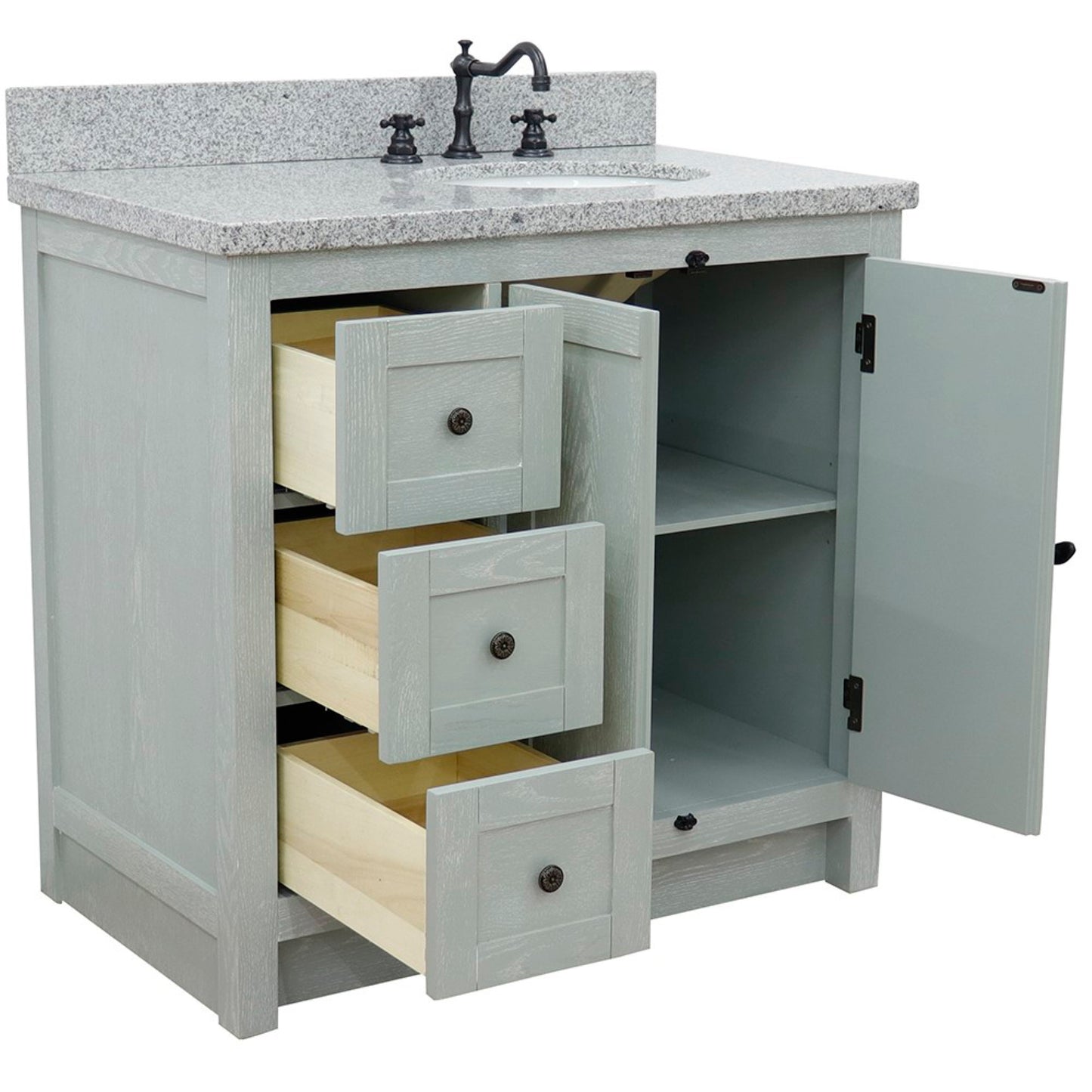 37 in. Single Vanity in Gray Ash Finish with Gray Granite Top and Oval Sink - Right Doors/Right Sink, Plantation Collection