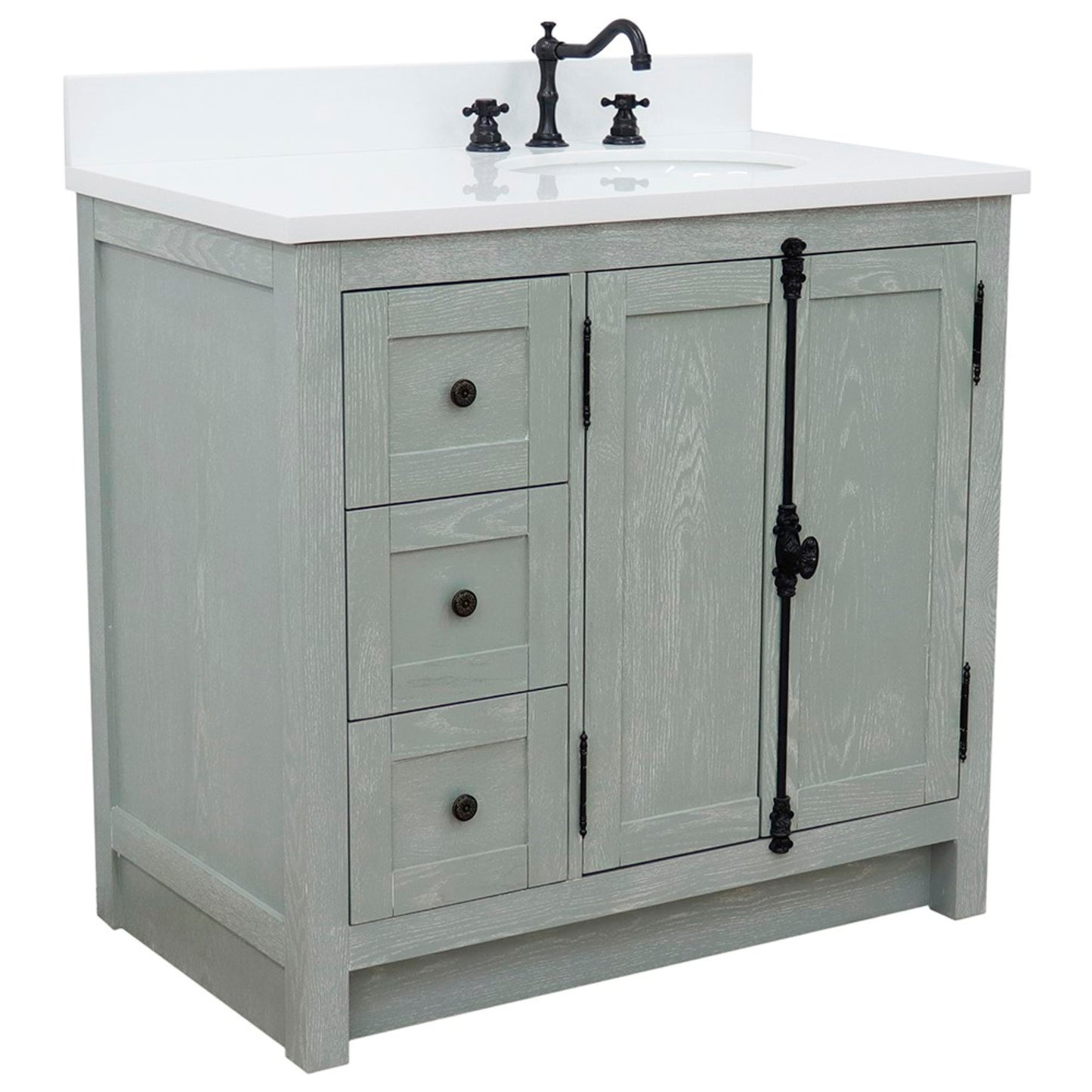 37 in. Single Vanity in Gray Ash Finish with White Quartz Top and Oval Sink - Right Doors/Right Sink, Plantation Collection