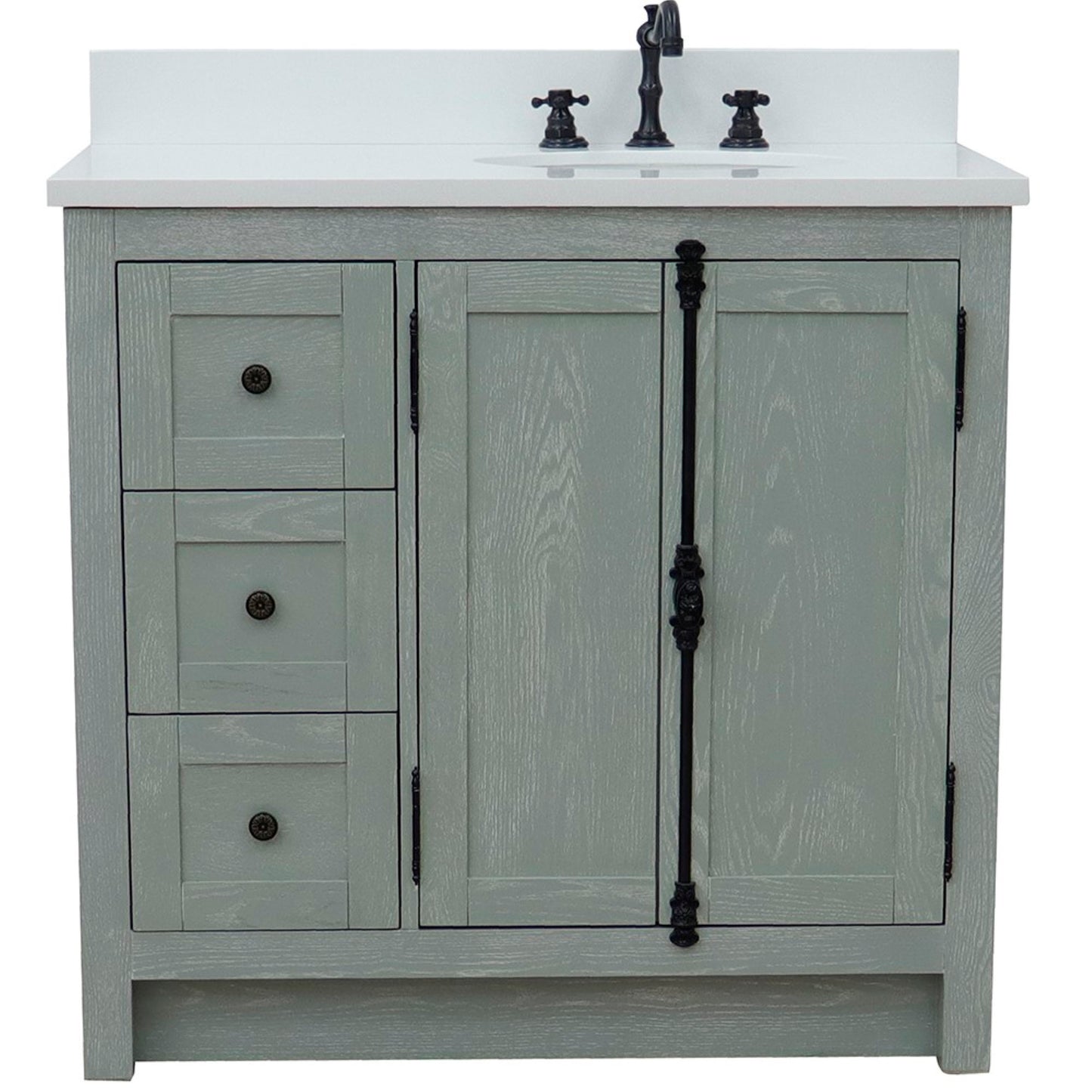 37 in. Single Vanity in Gray Ash Finish with White Quartz Top and Oval Sink - Right Doors/Right Sink, Plantation Collection