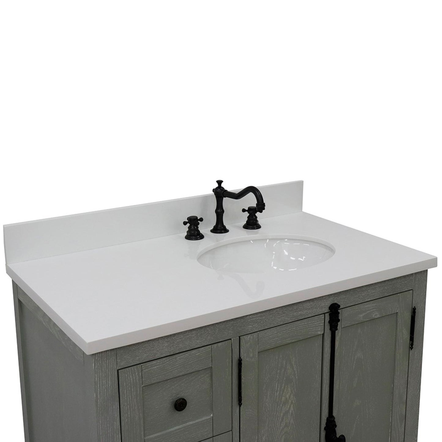 37 in. Single Vanity in Gray Ash Finish with White Quartz Top and Oval Sink - Right Doors/Right Sink, Plantation Collection