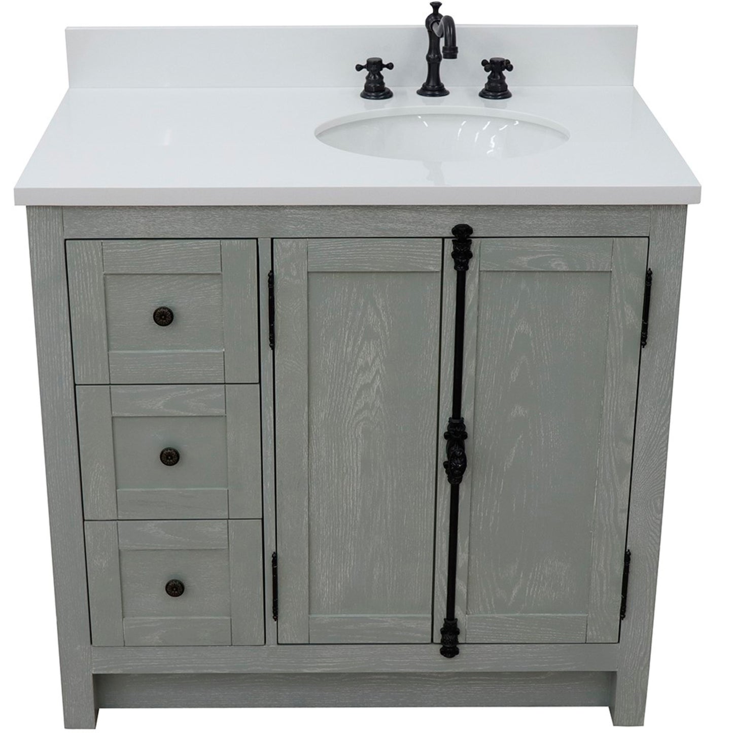 37 in. Single Vanity in Gray Ash Finish with White Quartz Top and Oval Sink - Right Doors/Right Sink, Plantation Collection