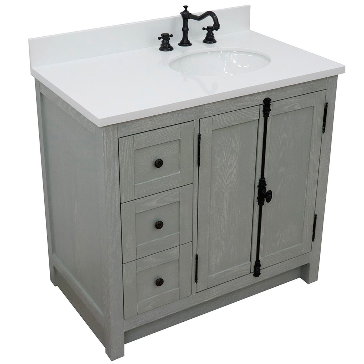 37 in. Single Vanity in Gray Ash Finish with White Quartz Top and Oval Sink - Right Doors/Right Sink, Plantation Collection