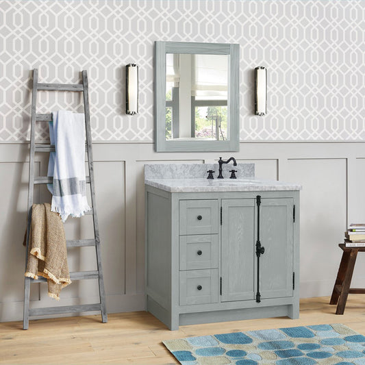 37 in. Single Vanity in Gray Ash Finish with White Carrara Top and Oval Sink - Right Doors/Right Sink, Plantation Collection