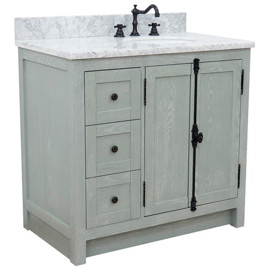 37 in. Single Vanity in Gray Ash Finish with White Carrara Top and Oval Sink - Right Doors/Right Sink, Plantation Collection