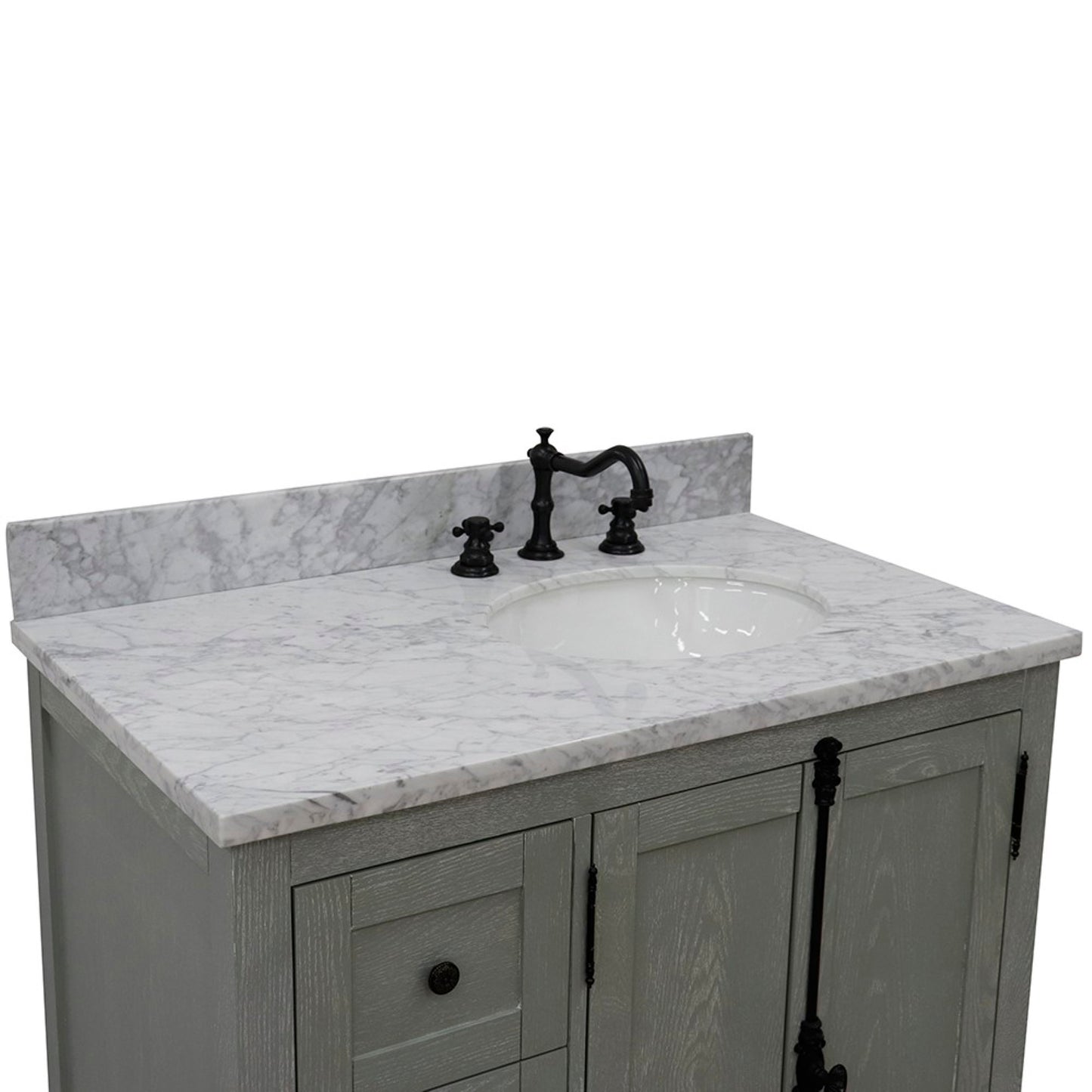 37 in. Single Vanity in Gray Ash Finish with White Carrara Top and Oval Sink - Right Doors/Right Sink, Plantation Collection