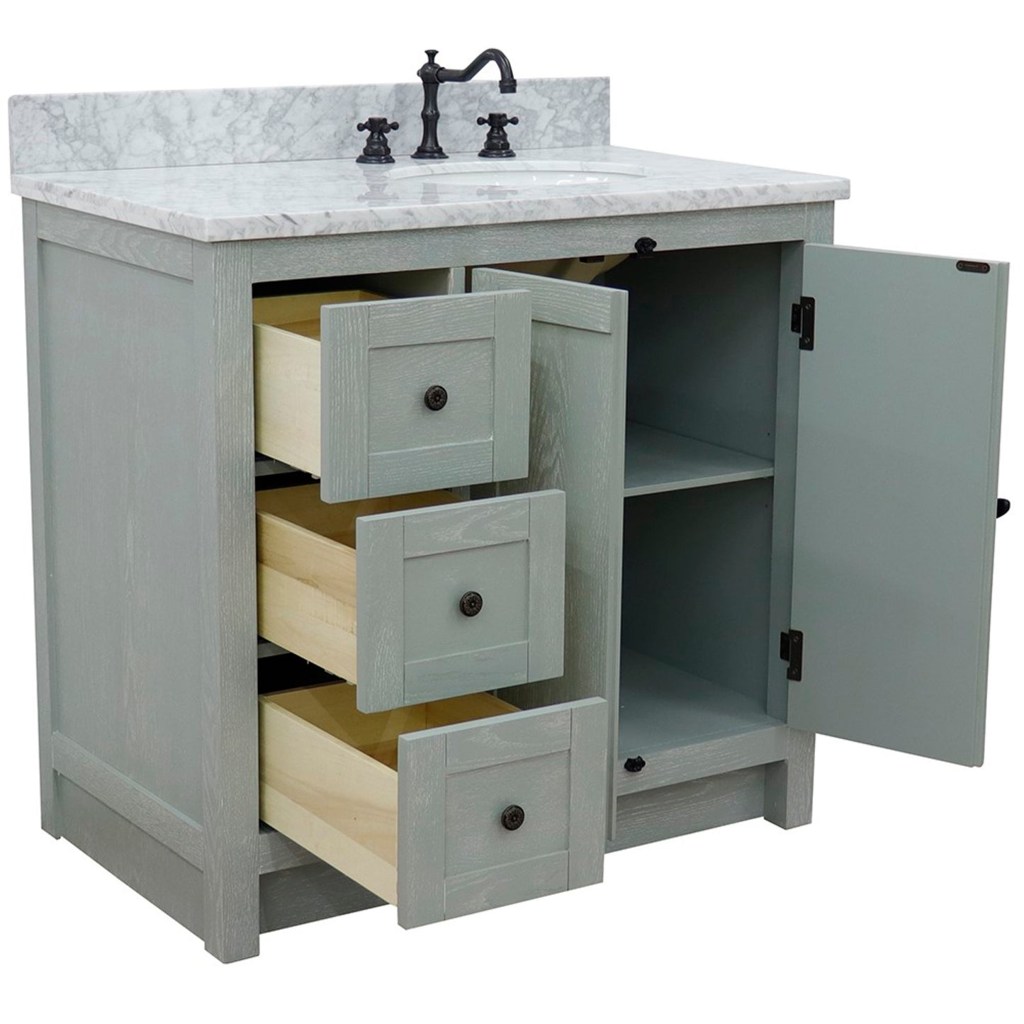 37 in. Single Vanity in Gray Ash Finish with White Carrara Top and Oval Sink - Right Doors/Right Sink, Plantation Collection