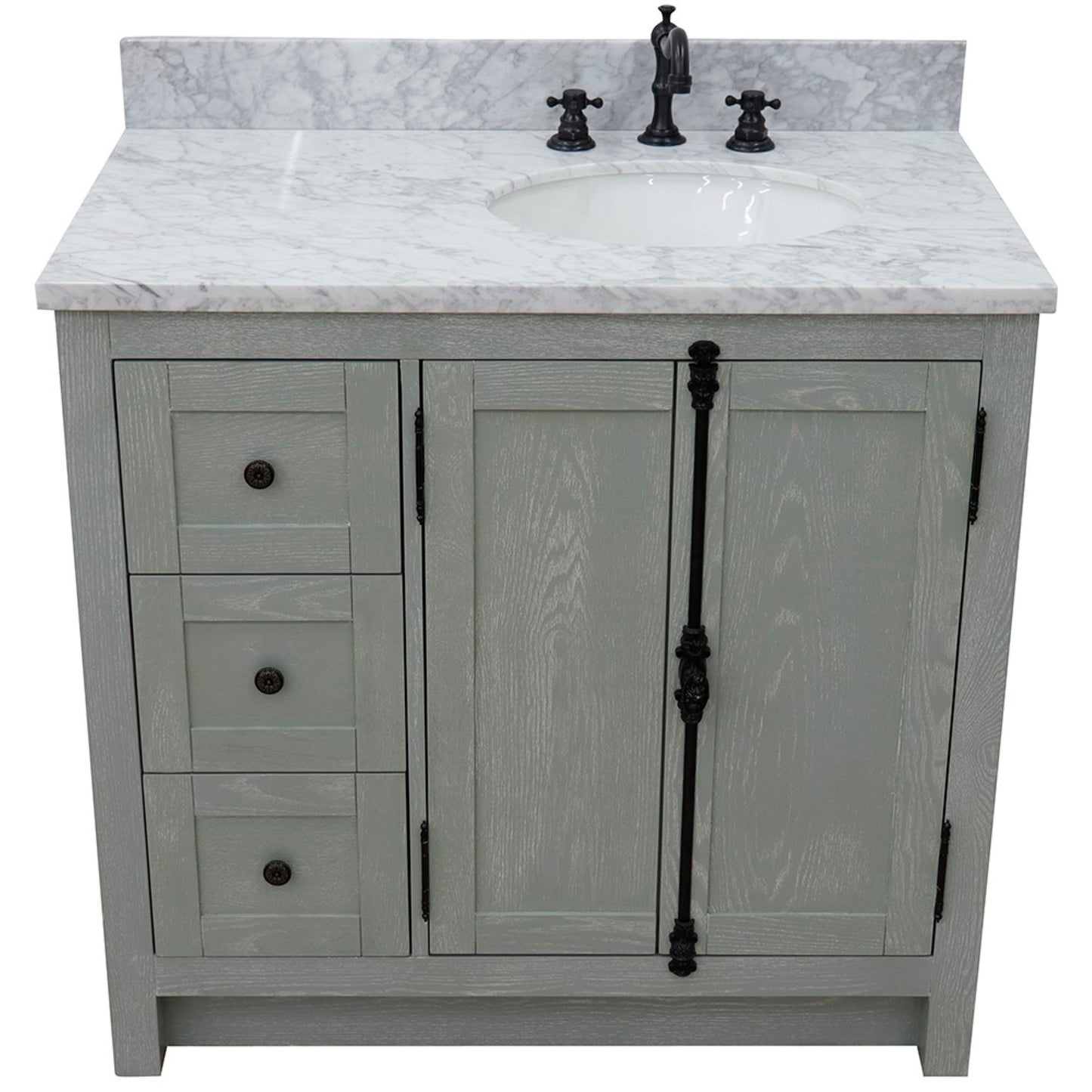 37 in. Single Vanity in Gray Ash Finish with White Carrara Top and Oval Sink - Right Doors/Right Sink, Plantation Collection