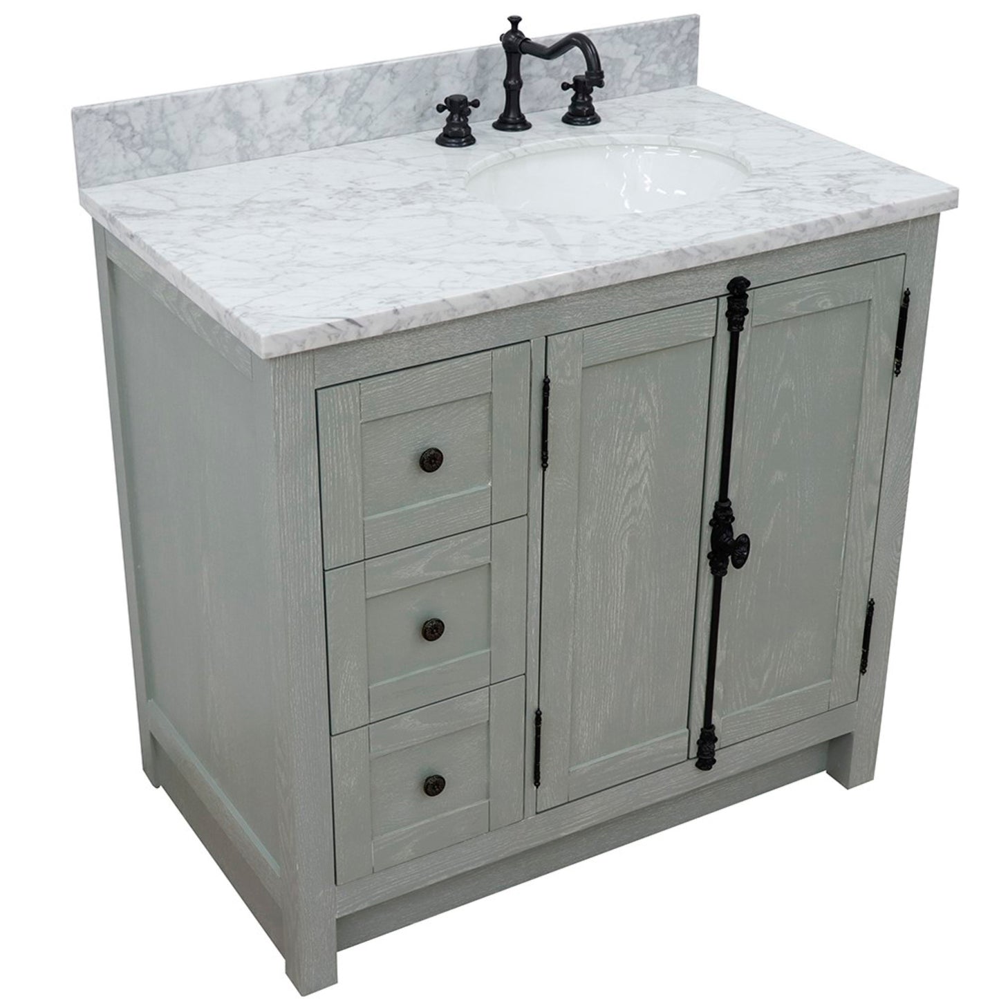 37 in. Single Vanity in Gray Ash Finish with White Carrara Top and Oval Sink - Right Doors/Right Sink, Plantation Collection