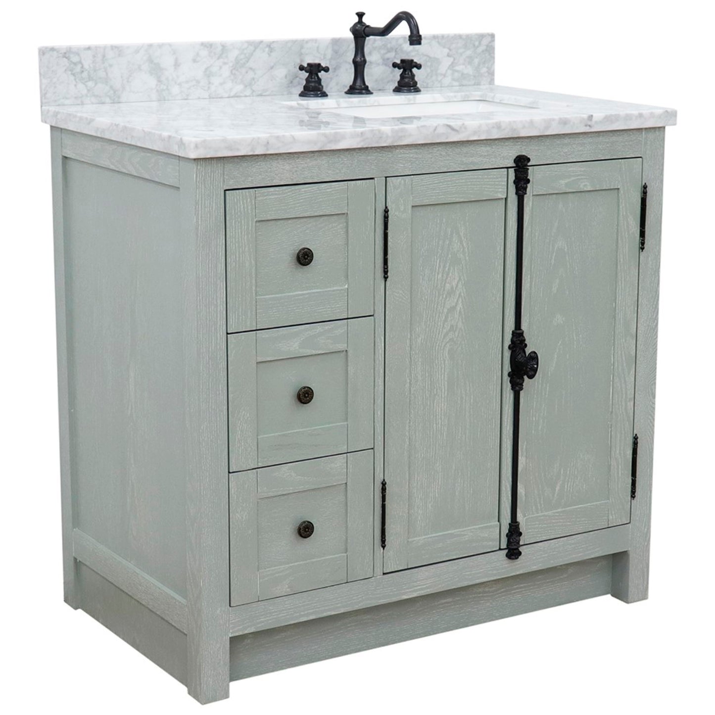 37 in. Single Vanity in Gray Ash Finish with White Carrara Top and Rectangle Sink - Right Doors/Right Sink, Plantation Collection