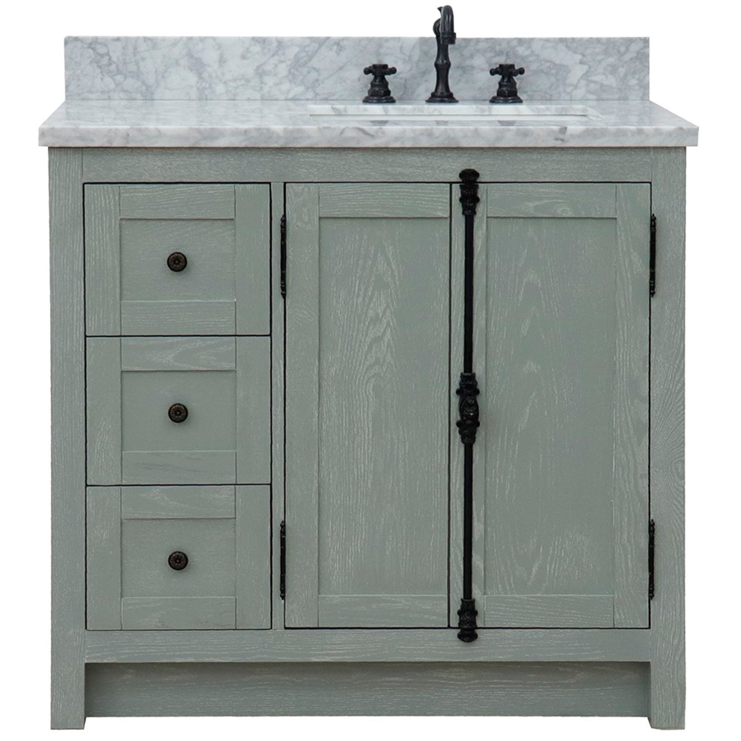 37 in. Single Vanity in Gray Ash Finish with White Carrara Top and Rectangle Sink - Right Doors/Right Sink, Plantation Collection