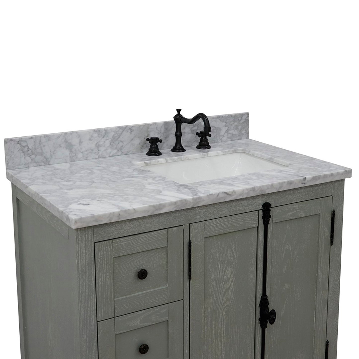 37 in. Single Vanity in Gray Ash Finish with White Carrara Top and Rectangle Sink - Right Doors/Right Sink, Plantation Collection