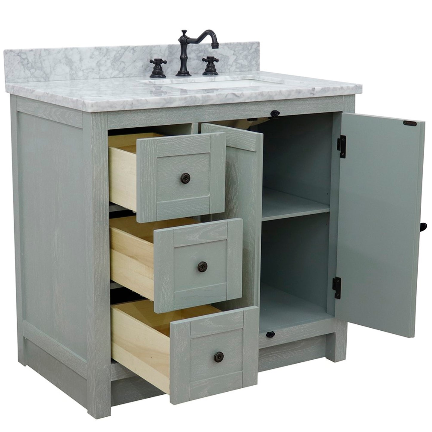 37 in. Single Vanity in Gray Ash Finish with White Carrara Top and Rectangle Sink - Right Doors/Right Sink, Plantation Collection