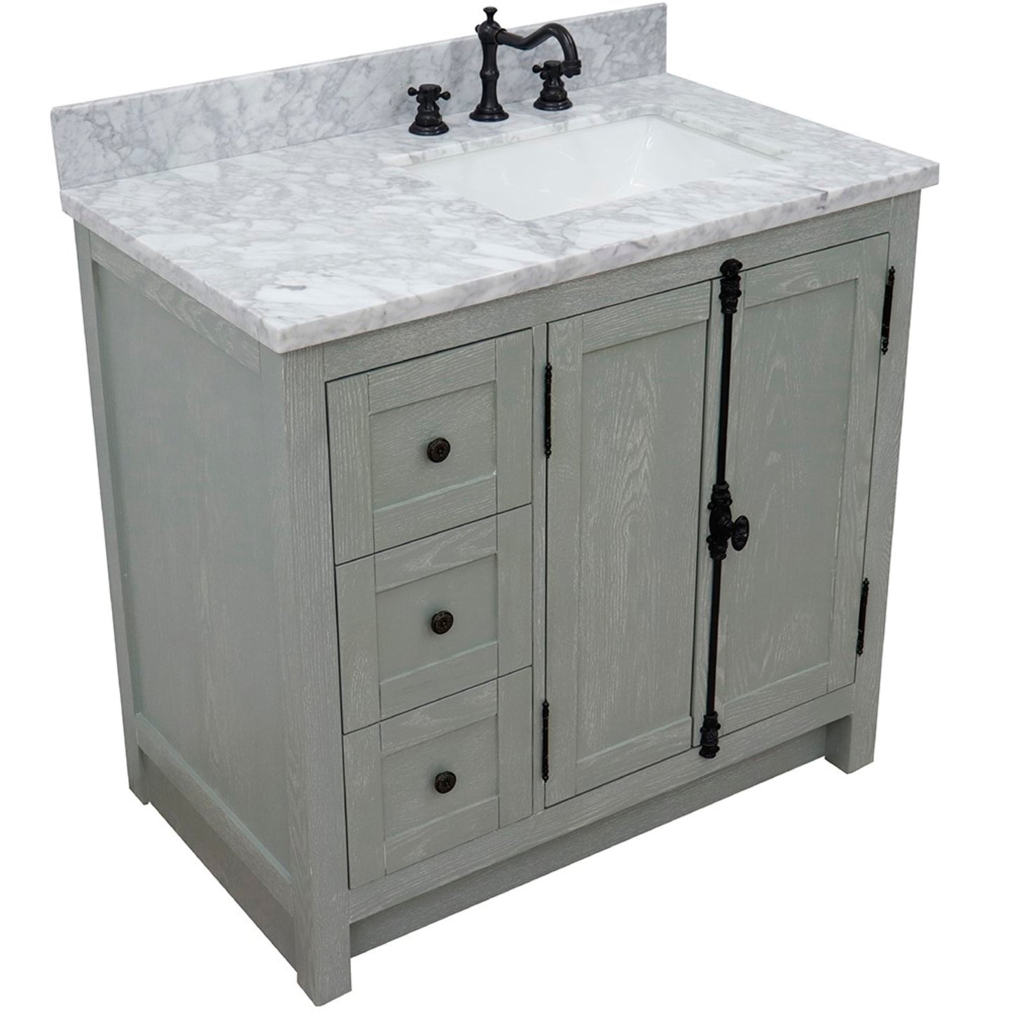 37 in. Single Vanity in Gray Ash Finish with White Carrara Top and Rectangle Sink - Right Doors/Right Sink, Plantation Collection