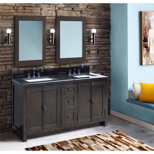 55 in. Double Vanity in Brown Ash Finish with Black Galaxy Top and Rectangle Sink, Plantation Collection