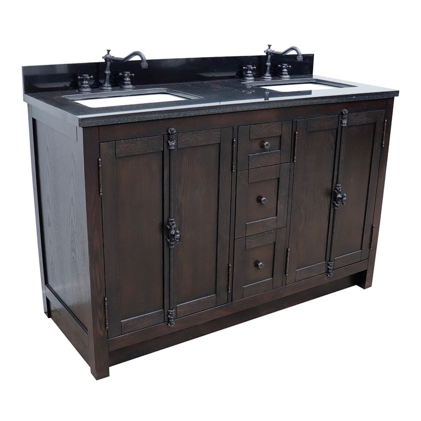 55 in. Double Vanity in Brown Ash Finish with Black Galaxy Top and Rectangle Sink, Plantation Collection