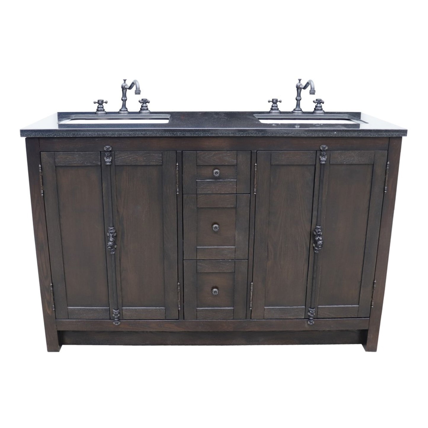 55 in. Double Vanity in Brown Ash Finish with Black Galaxy Top and Rectangle Sink, Plantation Collection