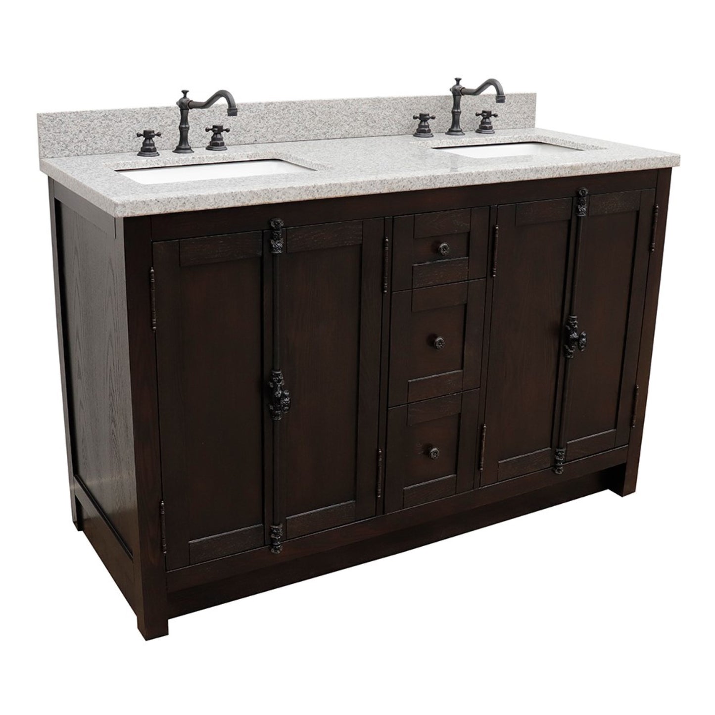 55 in. Double Vanity in Brown Ash Finish with Gray Granite Top and Rectangle Sink, Plantation Collection