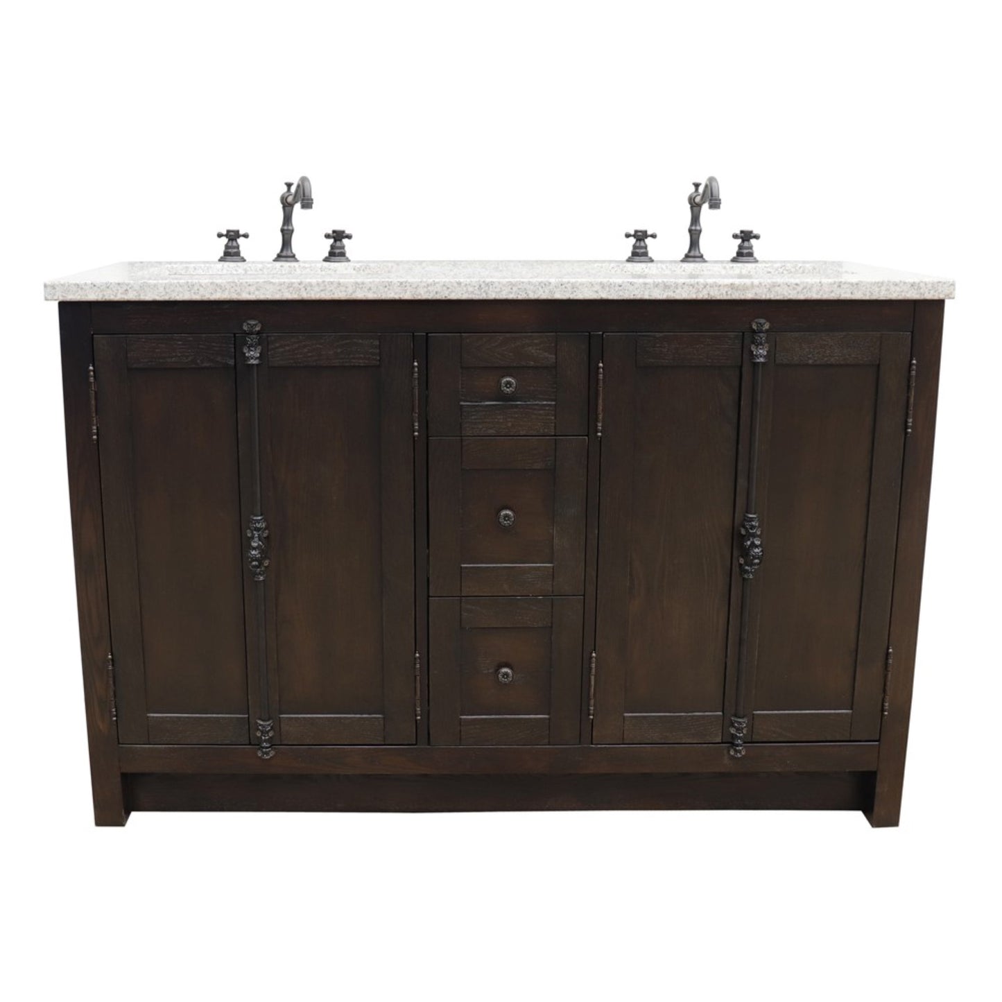 55 in. Double Vanity in Brown Ash Finish with Gray Granite Top and Rectangle Sink, Plantation Collection