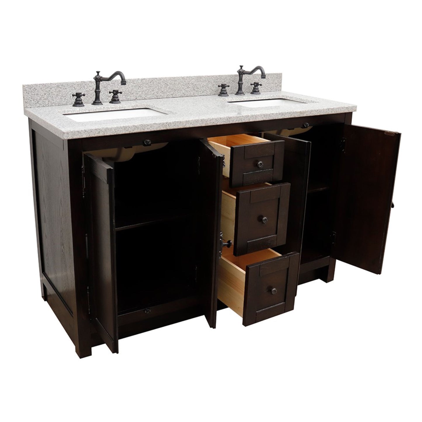 55 in. Double Vanity in Brown Ash Finish with Gray Granite Top and Rectangle Sink, Plantation Collection