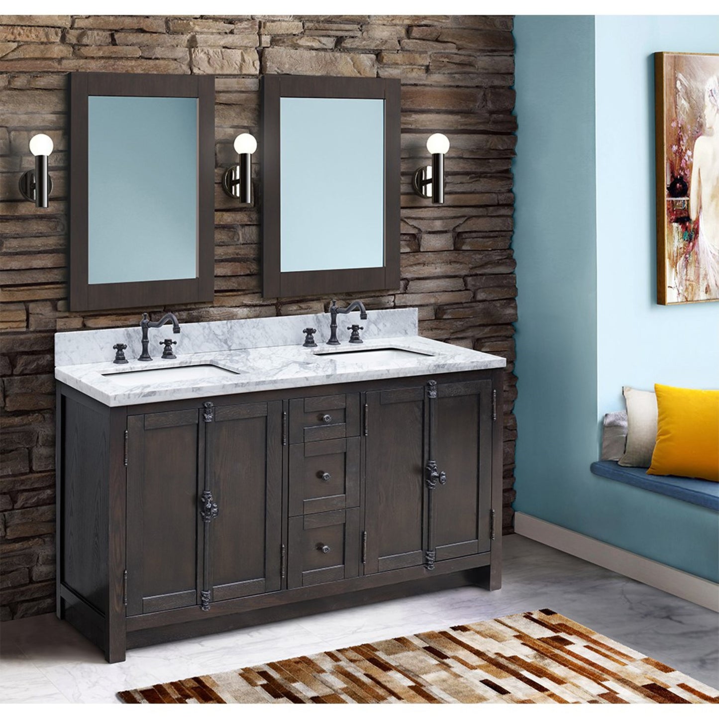 55 in. Double Vanity in Brown Ash Finish with White Carrara Top and Rectangle Sink, Plantation Collection