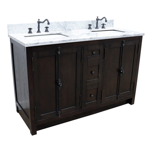 55 in. Double Vanity in Brown Ash Finish with White Carrara Top and Rectangle Sink, Plantation Collection