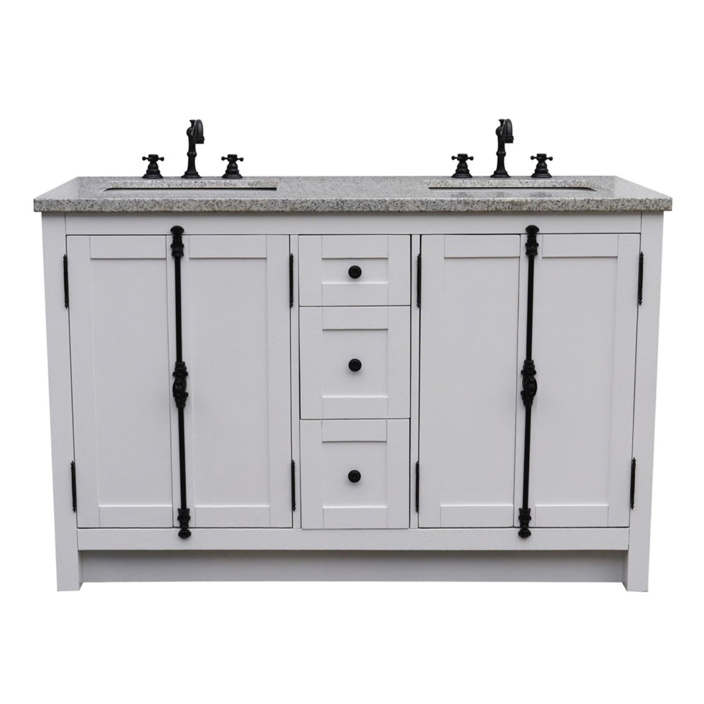 55 in. Double Vanity in Glacier Ash Finish with Gray Granite Top and Rectangle Sink, Plantation Collection