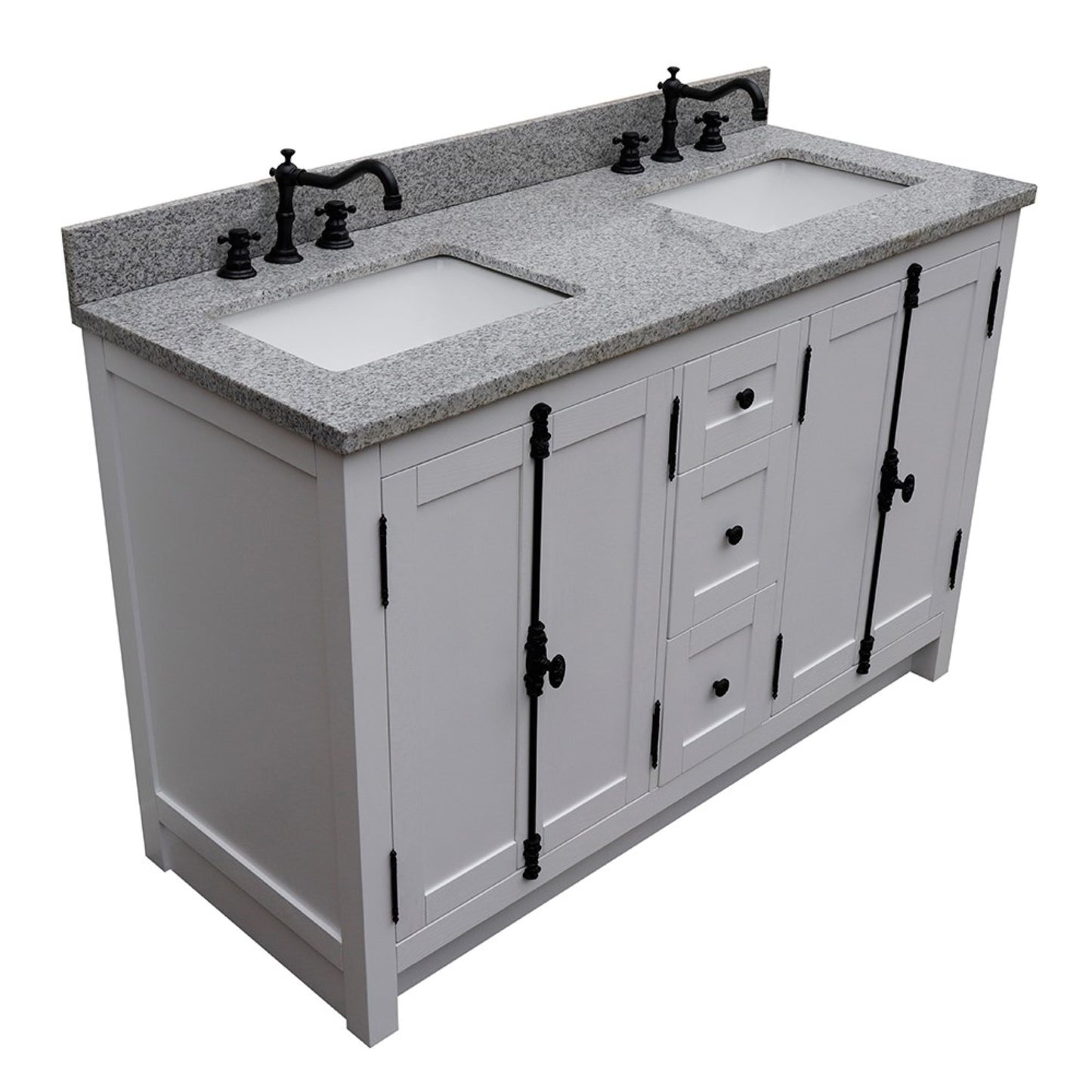 55 in. Double Vanity in Glacier Ash Finish with Gray Granite Top and Rectangle Sink, Plantation Collection