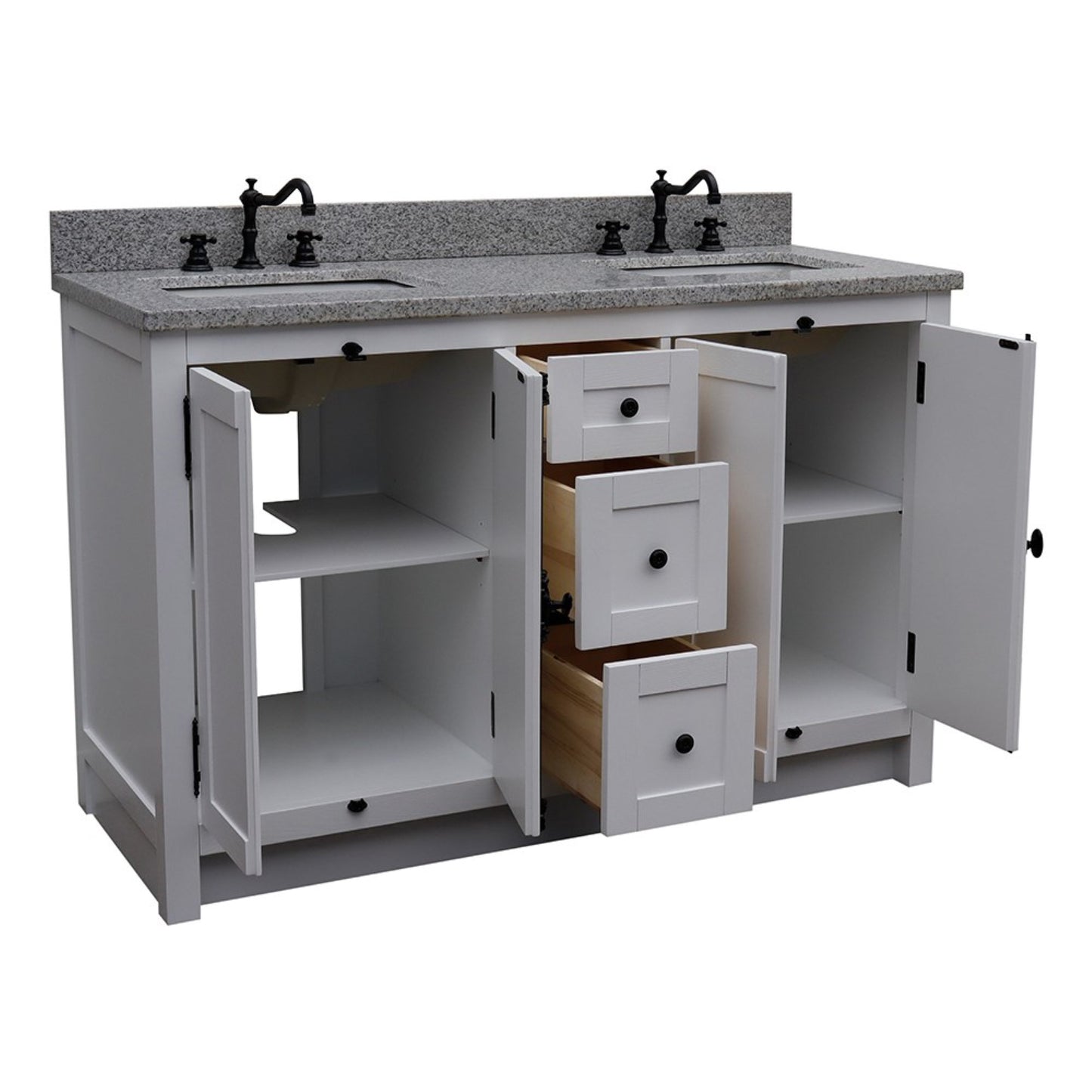 55 in. Double Vanity in Glacier Ash Finish with Gray Granite Top and Rectangle Sink, Plantation Collection