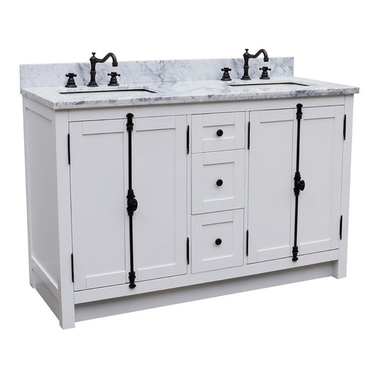 55 in. Double Vanity in Glacier Ash Finish with White Carrara Marble Top and Rectangle Sink, Plantation Collection