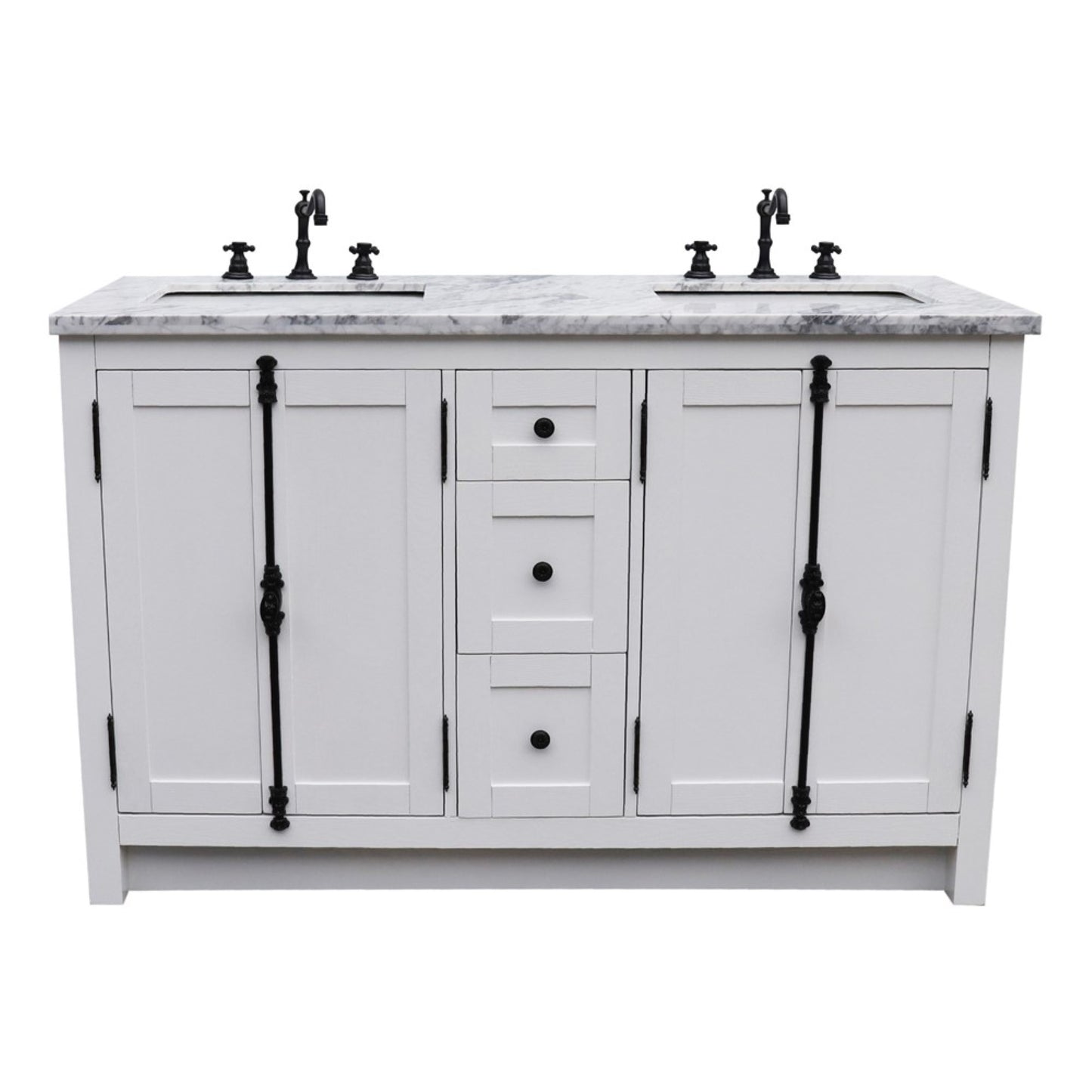 55 in. Double Vanity in Glacier Ash Finish with White Carrara Marble Top and Rectangle Sink, Plantation Collection