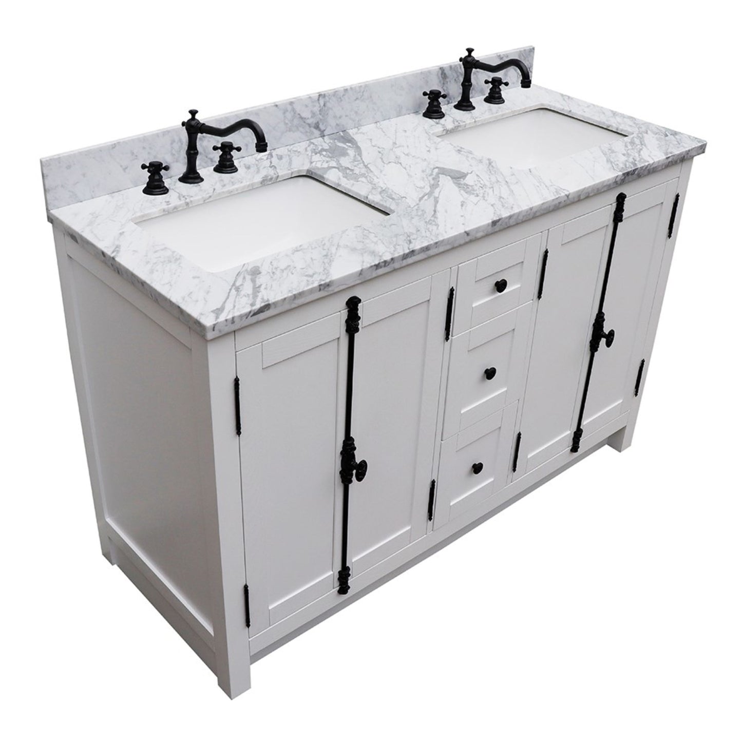 55 in. Double Vanity in Glacier Ash Finish with White Carrara Marble Top and Rectangle Sink, Plantation Collection