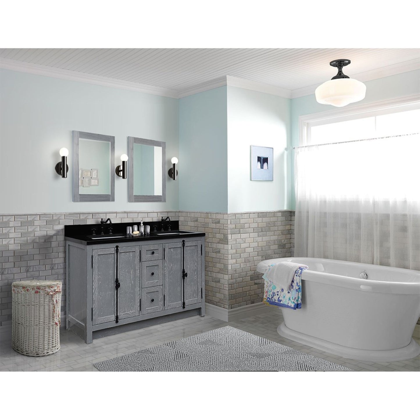 55 in. Double Vanity in Gray Ash Finish with Black Galaxy Granite Top and Rectangle Sink, Plantation Collection