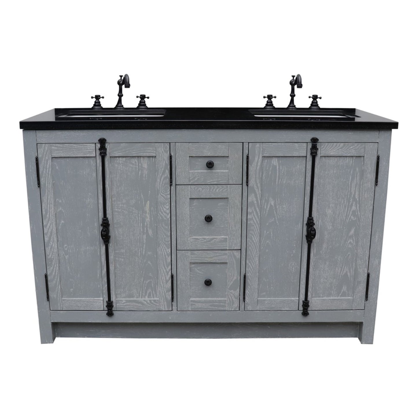 55 in. Double Vanity in Gray Ash Finish with Black Galaxy Granite Top and Rectangle Sink, Plantation Collection