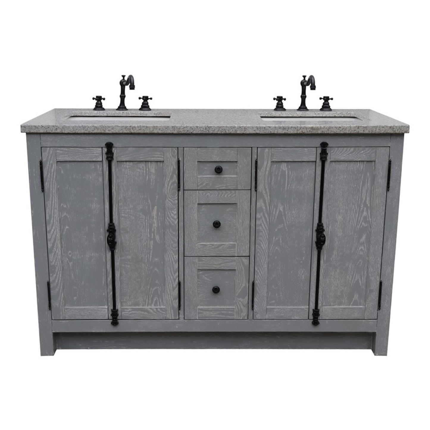 55 in. Double Vanity in Gray Ash Finish with Gray Granite Top and Rectangle Sink, Plantation Collection