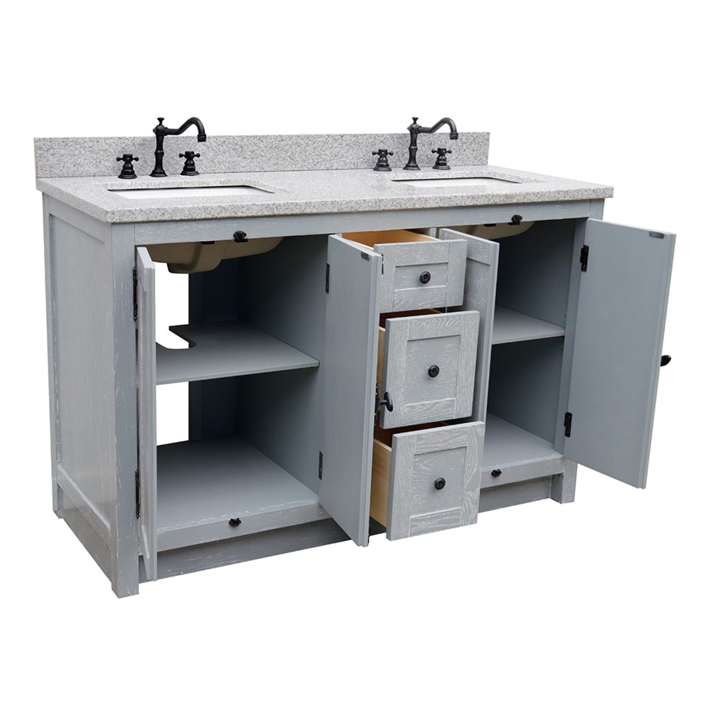 55 in. Double Vanity in Gray Ash Finish with Gray Granite Top and Rectangle Sink, Plantation Collection