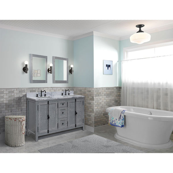 55 in. Double Vanity in Gray Ash Finish with White Carrara Marble Top and Rectangle Sink, Plantation Collection