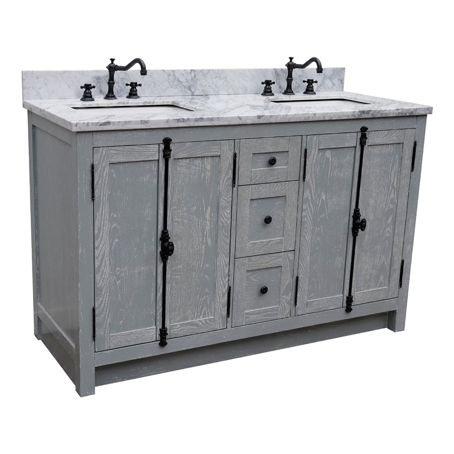 55 in. Double Vanity in Gray Ash Finish with White Carrara Marble Top and Rectangle Sink, Plantation Collection