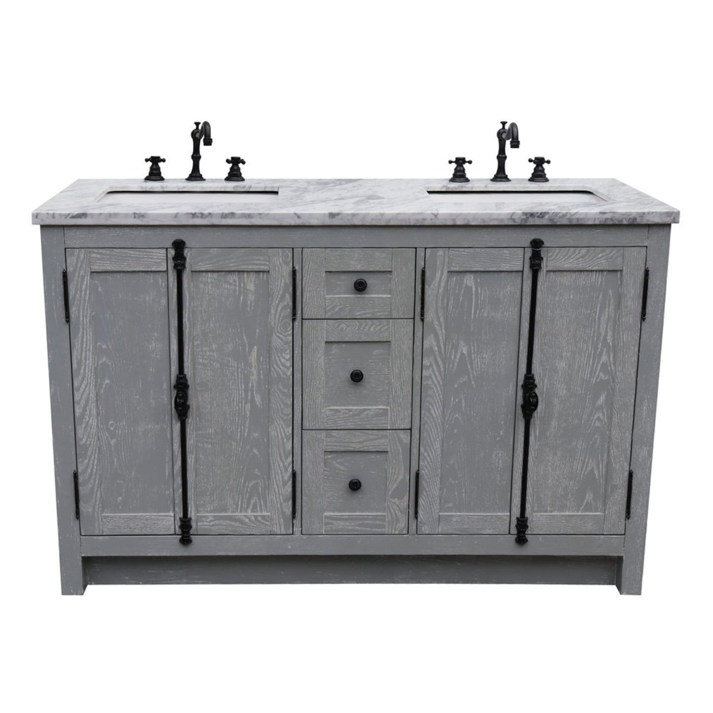 55 in. Double Vanity in Gray Ash Finish with White Carrara Marble Top and Rectangle Sink, Plantation Collection