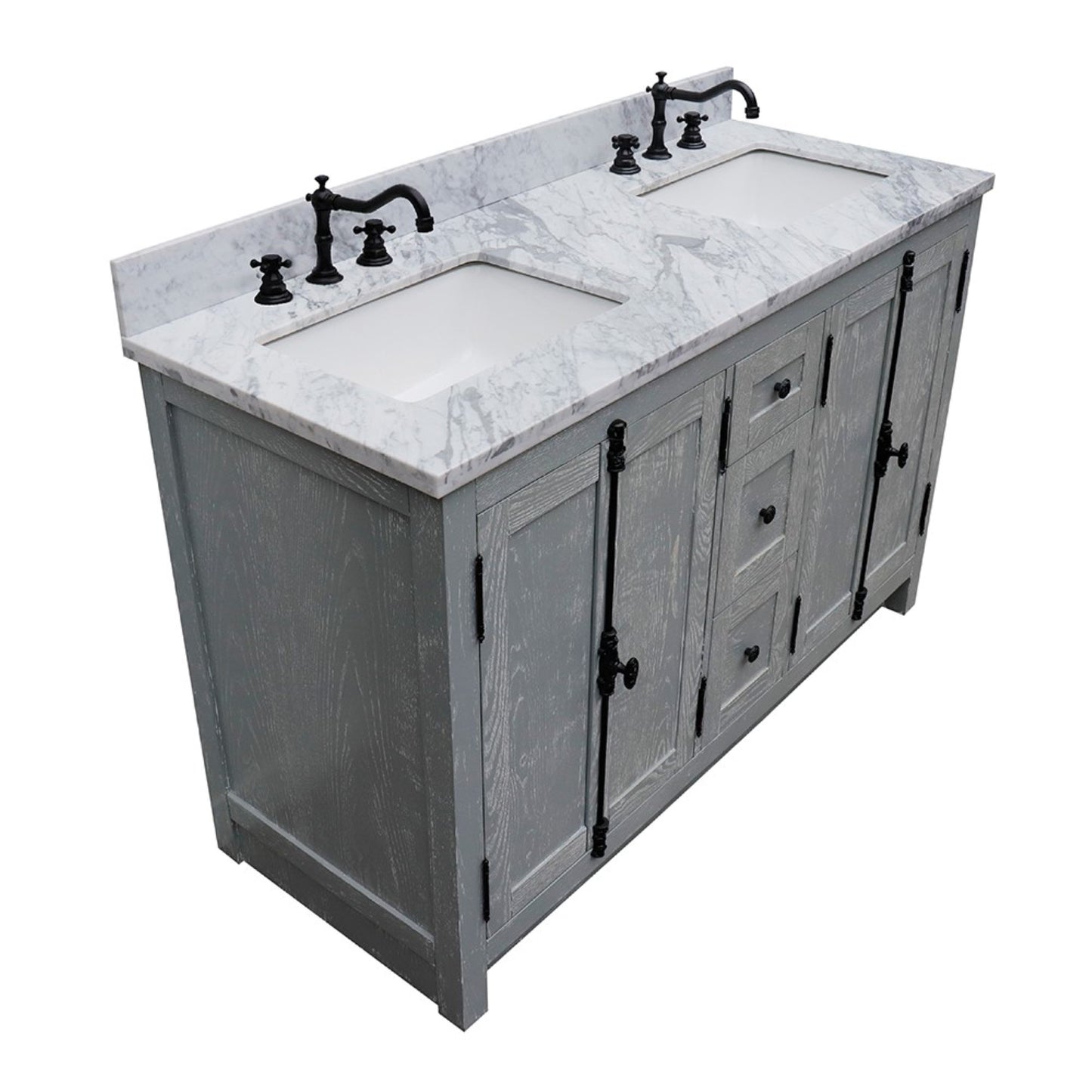 55 in. Double Vanity in Gray Ash Finish with White Carrara Marble Top and Rectangle Sink, Plantation Collection