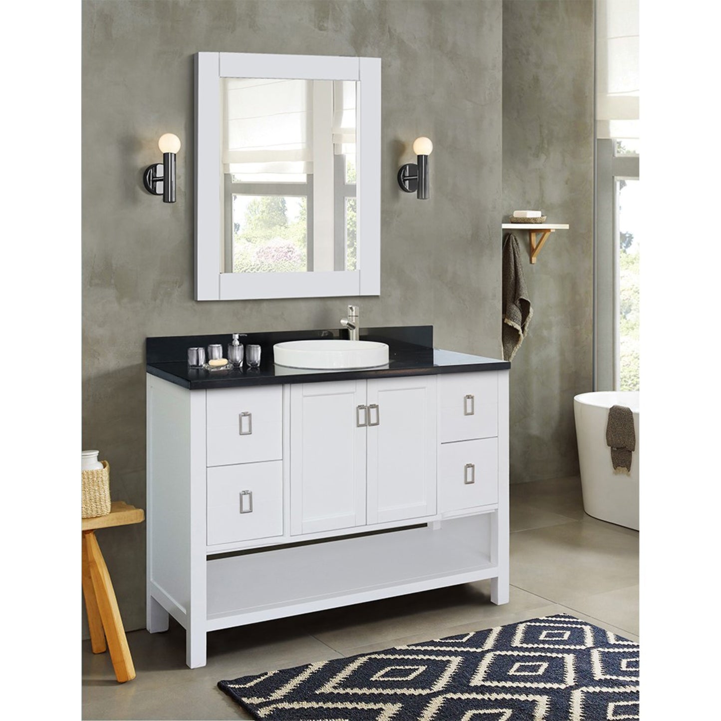 49 in. Single Vanity in White Finish with Black Galaxy Top and Round Sink, Monterey Collection