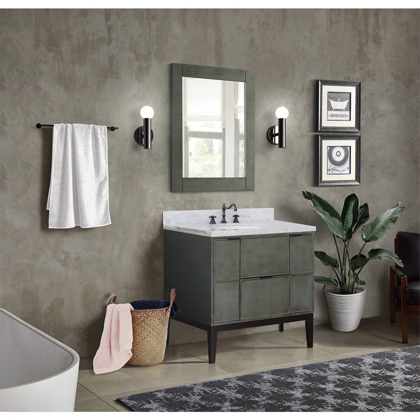 37 in. Single Vanity in Linen Gray Finish with White Carrara Top and Oval Sink, Paris Collection