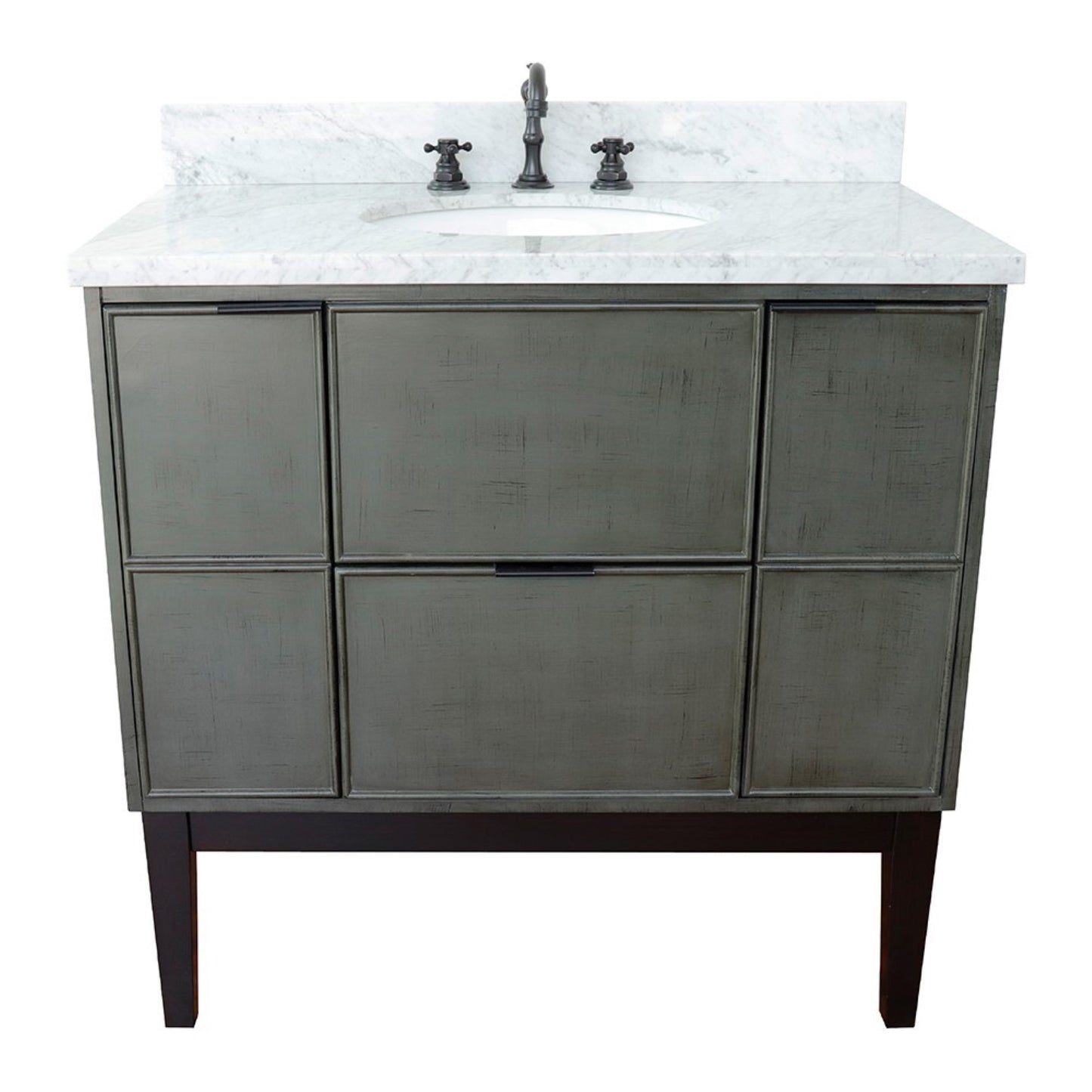 37 in. Single Vanity in Linen Gray Finish with White Carrara Top and Oval Sink, Paris Collection