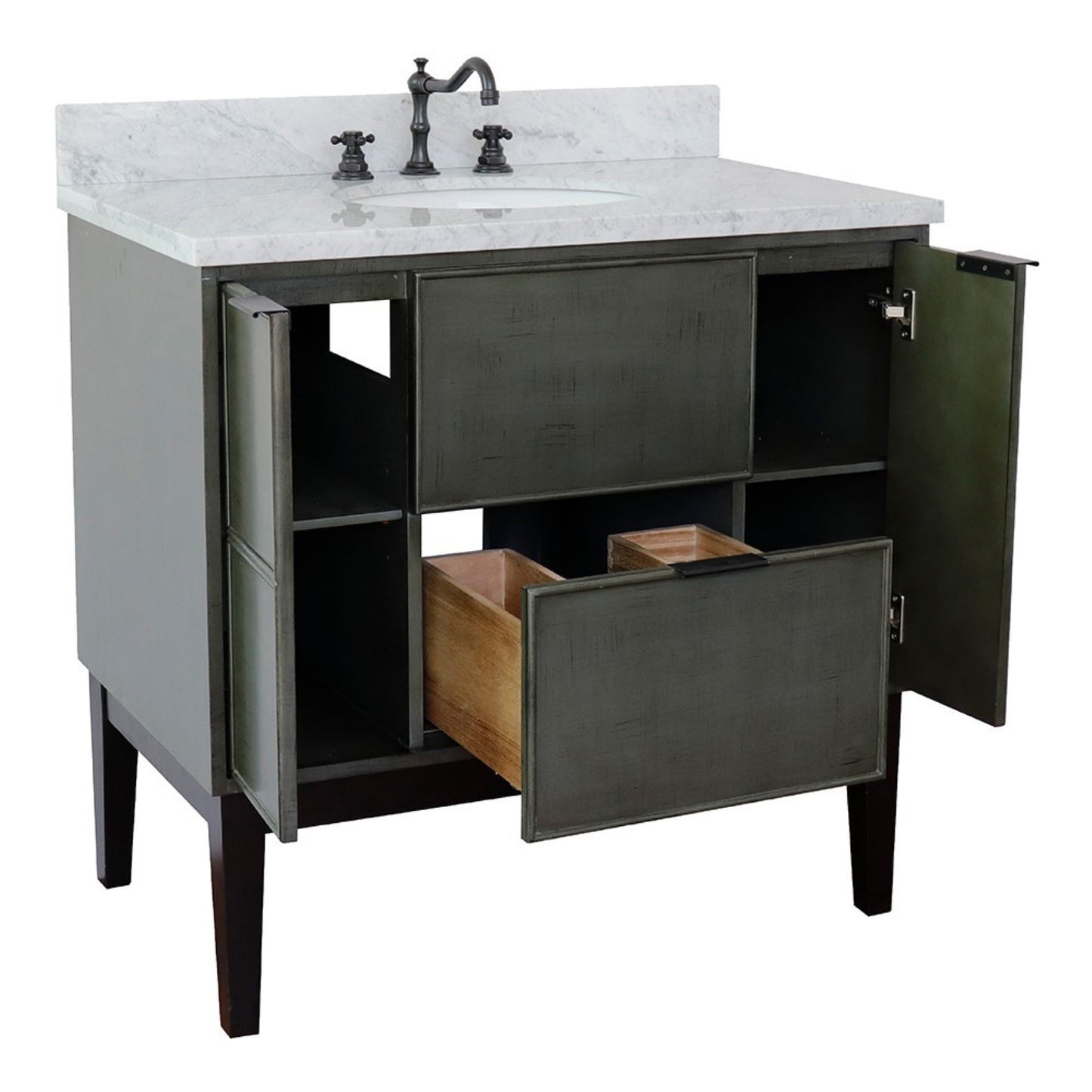 37 in. Single Vanity in Linen Gray Finish with White Carrara Top and Oval Sink, Paris Collection