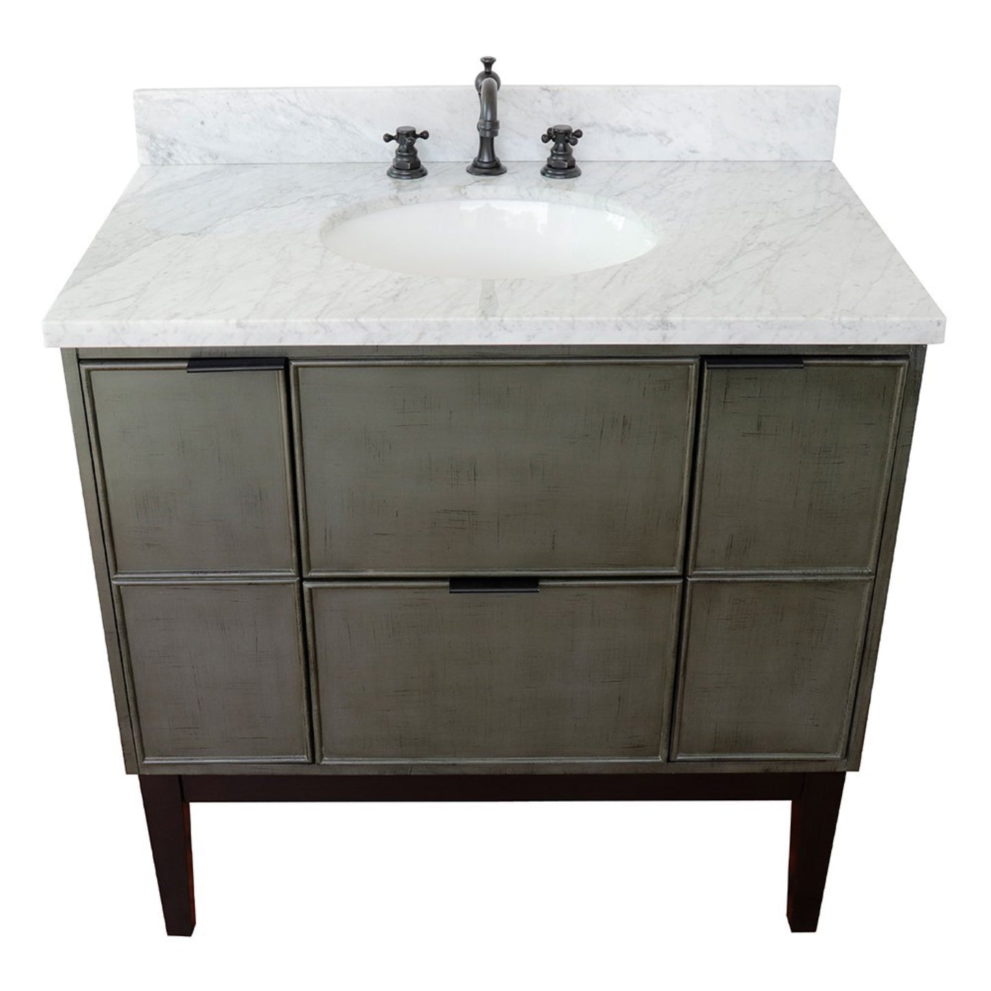 37 in. Single Vanity in Linen Gray Finish with White Carrara Top and Oval Sink, Paris Collection