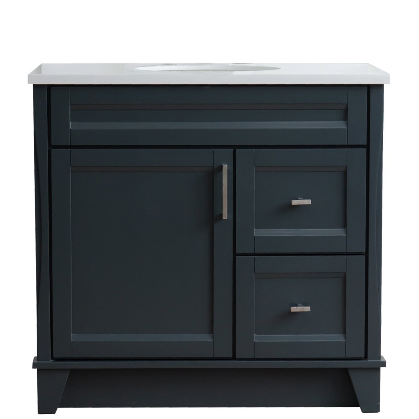 37 in. Single Vanity in Dark Gray Finish with White Quartz and Oval Sink- Left Door/Center Sink