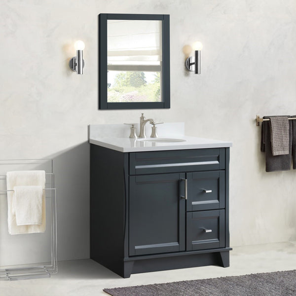 37 in. Single Vanity in Dark Gray Finish with White Quartz and Oval Sink- Left Door/Center Sink