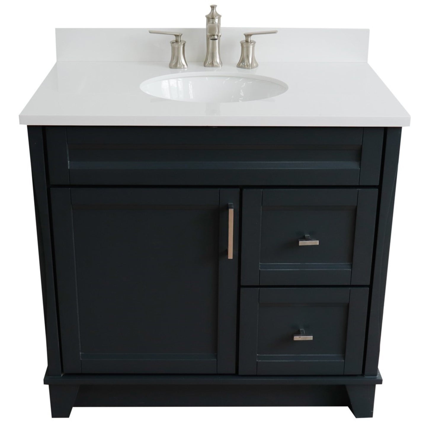 37 in. Single Vanity in Dark Gray Finish with White Quartz and Oval Sink- Left Door/Center Sink