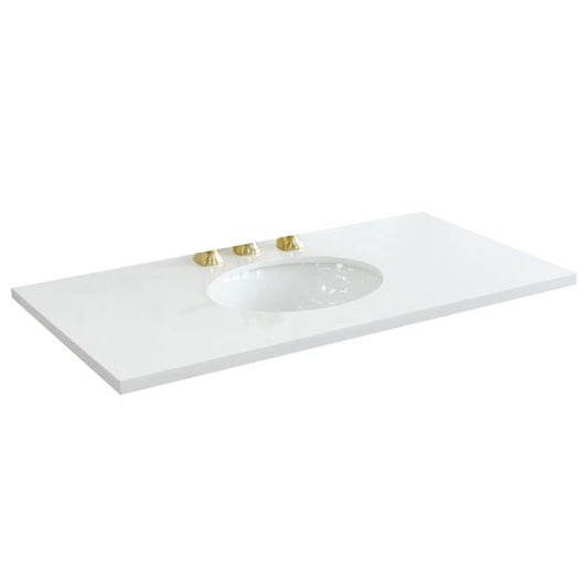 43 in. White Quartz Top with Single White Ceramic Oval Center Sink