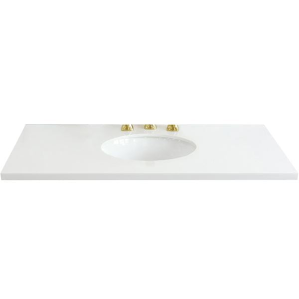 43 in. White Quartz Top with Single White Ceramic Oval Center Sink