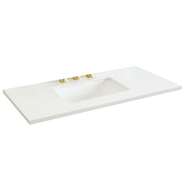 43 in. White Quartz Top with Single White Ceramic Rectangular Center Sink